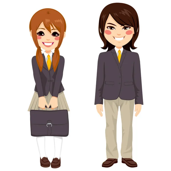 Deux Mignons Adolescents Japonais Debout Ensemble Uniforme Tenant Une Valise — Image vectorielle