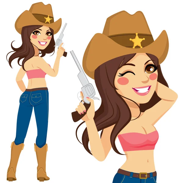 Bella Cowgirl Bruna Con Top Sexy Tubo Jeans Blu Tenendo — Vettoriale Stock