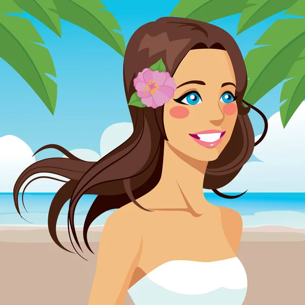 Όμορφη Μελαχρινή Γυναίκα Φυσά Μακριά Μαλλιά Και Λουλούδι Στην Παραλία — Διανυσματικό Αρχείο