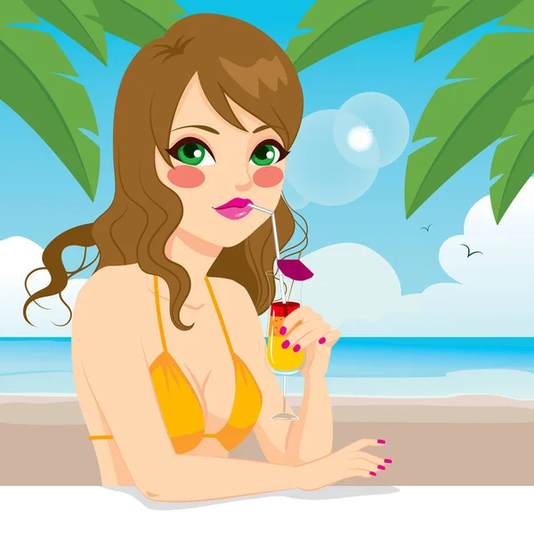 Bella Giovane Donna Che Beve Bicchiere Cocktail Sulla Spiaggia Tropicale — Vettoriale Stock