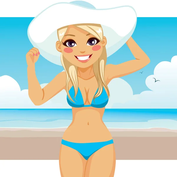 Beautiful Blonde Woman Wearing Blue Bikini Big White Hat Standing — Stock Vector