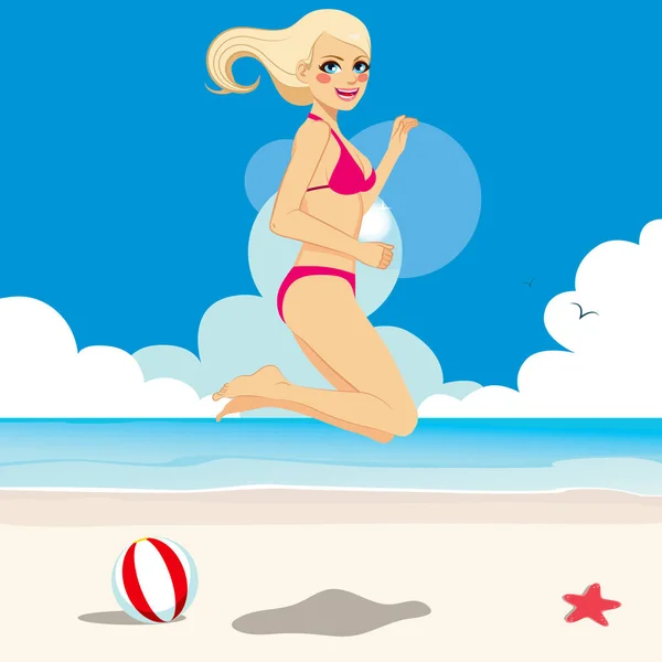 Beautiful Blonde Girl Bikini Jumping Happy Beach — Stock Vector