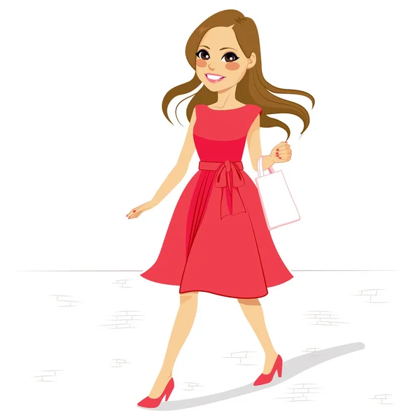 Όμορφη Γυναίκα Ροζ Φόρεμα Και Υψηλή Τακούνια Περπάτημα Street Λευκή — Διανυσματικό Αρχείο