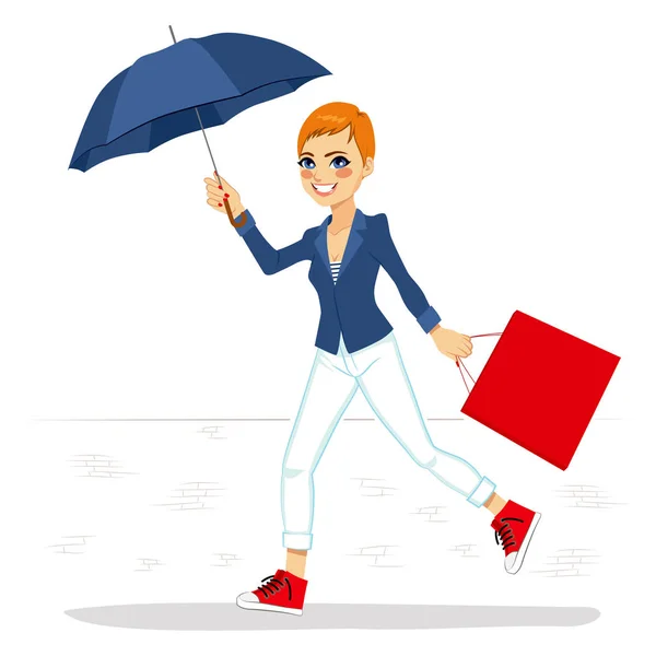 白のジーンズや実行し 大きな青い傘と赤いショッピング バッグ ブルー ジャケットで美しい女性 — ストックベクタ