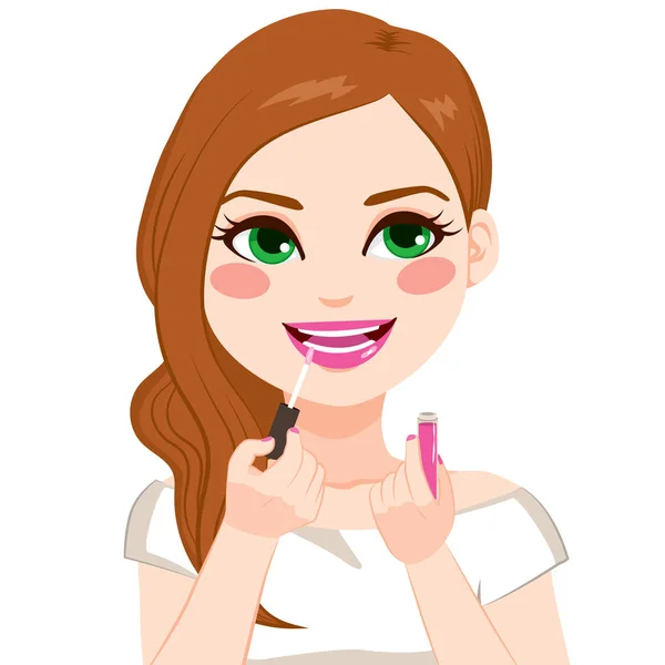 Beautiful Young Woman Applying Pink Lipstick Gloss Lips — Stock Vector