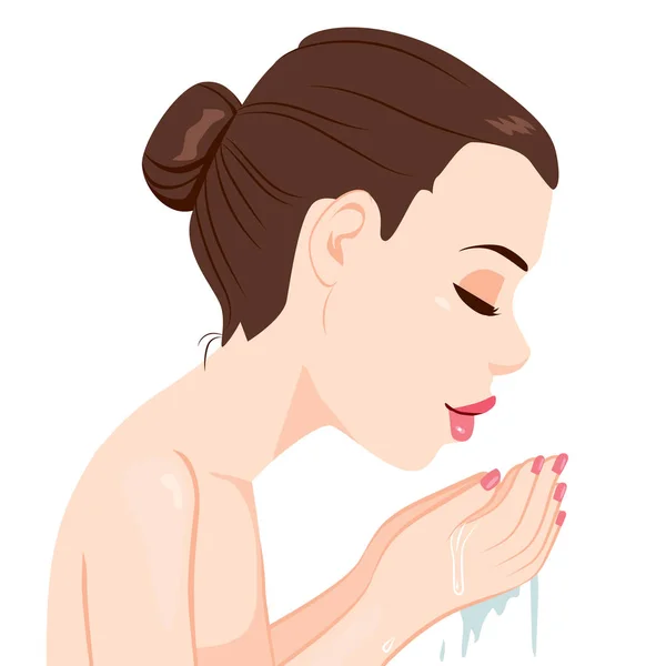 妇女用干净的水洗脸的侧视图 — 图库矢量图片