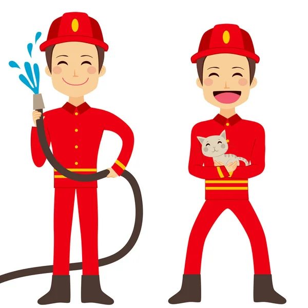 Happy Fireman Working Holding Hose Flowing Water Rescuing Cat — Stock Vector