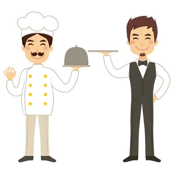 Happy Chef Holding Silver Tray Young Waiter — Stock Vector