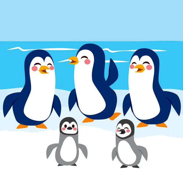 Funny Baby Adult Penguins Happy Together Antarctic Iceberg — Stock Vector