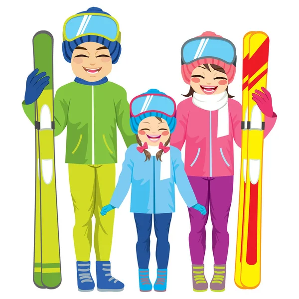 Jolie Famille Trois Membres Vêtus Vêtements Hiver Avec Équipement Ski — Image vectorielle