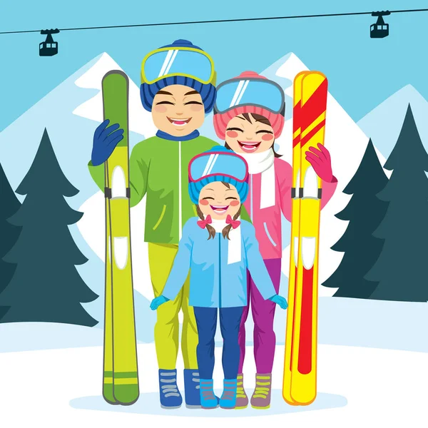 穿着冬衣滑雪度假的三个成员可爱的幸福家庭 — 图库矢量图片
