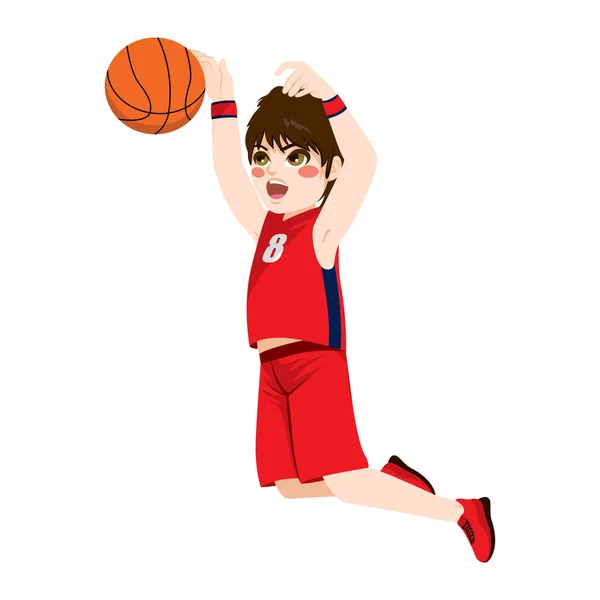 Red Young Teenager Boy Basketball Jumping Action — Stock Vector