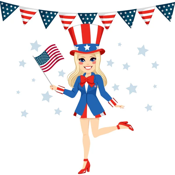 Beautiful Blonde Woman Uncle Sam Disguise Holding Flag Hand Celebrating — Stock Vector