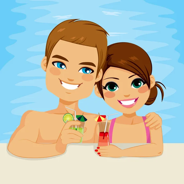 Beau Couple Attrayant Boire Cocktail Jus Détente Sur Piscine Profiter — Image vectorielle