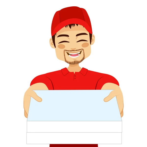 Happy Young Pizza Delivery Guy Portrait Holding Pizza Cardboard Delivering — Stock Vector