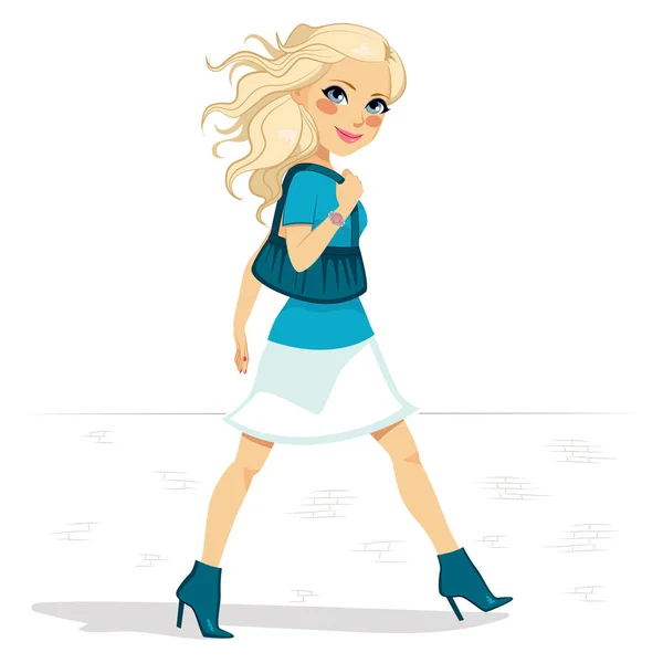 Woman Blue Outfit High Heel Boots Walking Street Blue Purse — Stock Vector