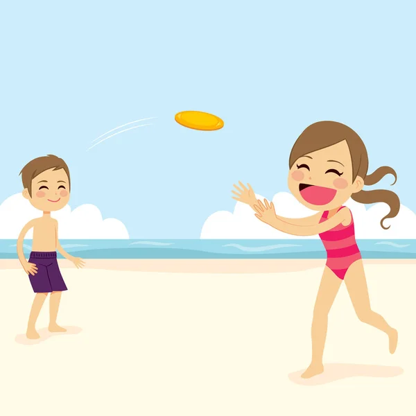 Two Cute Little Kids Playing Flying Disk Beach Summer Holiday — Stock Vector