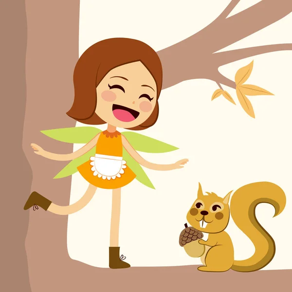 Schattig Gelukkig Herfst Fairy Staande Boomtak Met Kleine Eekhoorn Vriend — Stockvector