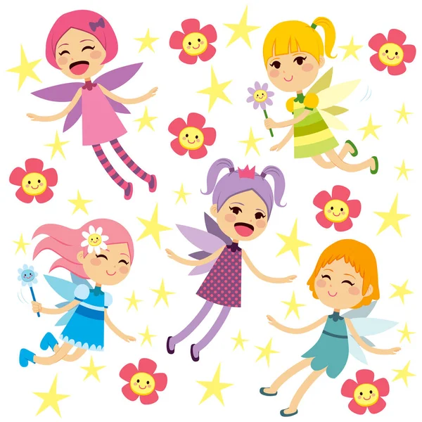 Cute Beautiful Colorful Different Fairy Flying Collection — стоковый вектор