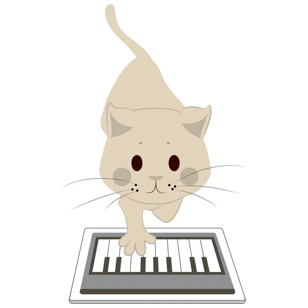 Cute Cat Touching Screen Tablet Playing Piano App — Stock Vector