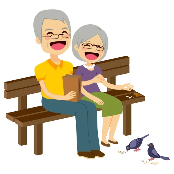 Linda Pareja Ancianos Alimentando Aves Con Migas Pan Sentado Banco — Vector de stock