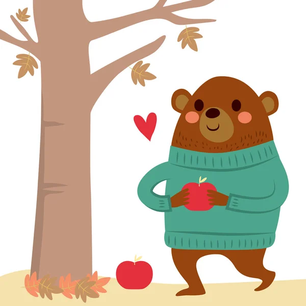 可爱的熊穿着绿色的羊毛毛衣收集红色苹果在秋天的森林 — 图库矢量图片