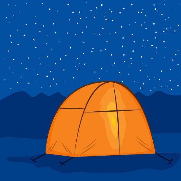 Illustratie Van Camping Tent Met Licht Binnen Onder Sterrennacht Achtergrond — Stockvector
