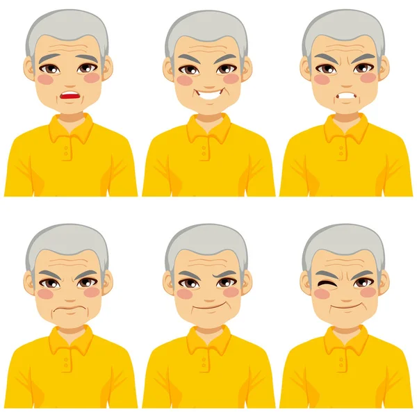 Homme Adulte Âgé Faisant Six Différentes Expressions Visage Collection — Image vectorielle