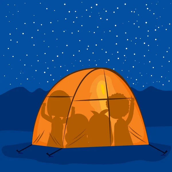 Ночь Палатке Силуэтами Человеческой Тени Внутри Звездами Голубом Небе — стоковый вектор