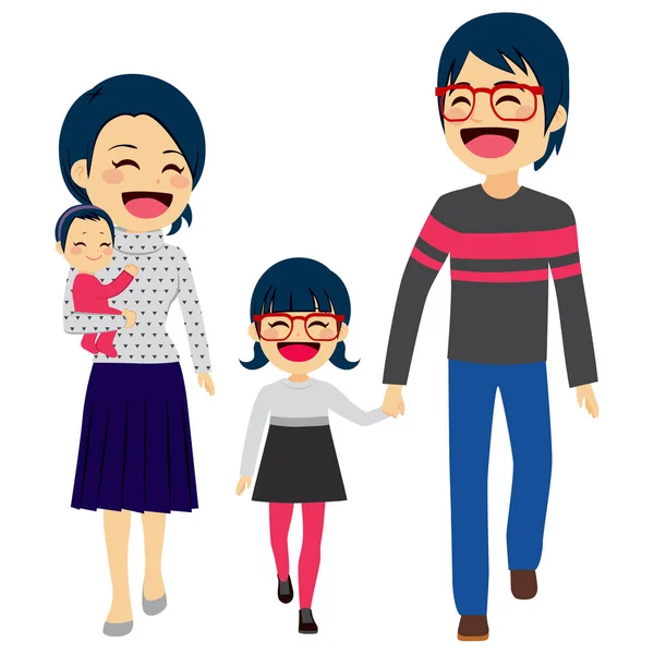 Cute Happy Four Member Asian Family Walking Together Smiling — Stock Vector
