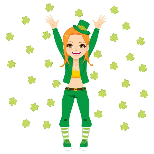 Cute Happy Girl Leprechaun Costume Surrounded Clovers Celebrating Saint Patrick — Stock Vector