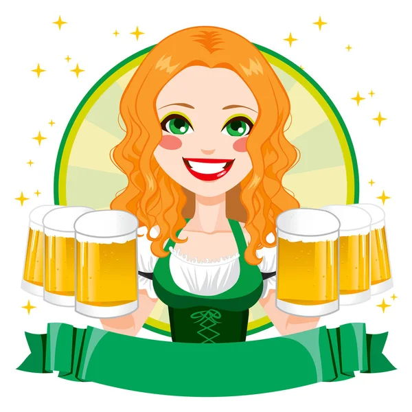 美丽的圣帕特里克女服务员微笑地拿着杯金啤酒与绿色横幅 — 图库矢量图片