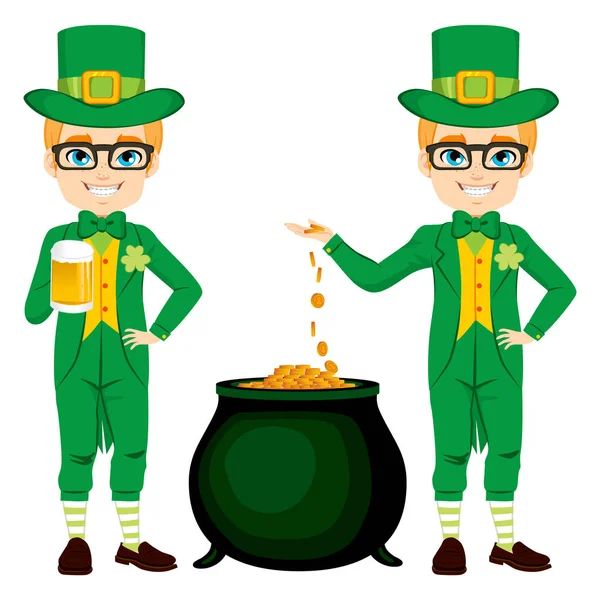 Young Boy Leprechaun Costume Celebrating Saint Patrick Golden Beer Cauldron — Stock Vector