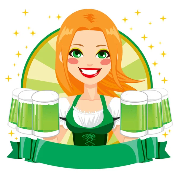 Hermosa Camarera Niña San Patricio Sonriendo Sosteniendo Tazas Cerveza Verde — Vector de stock