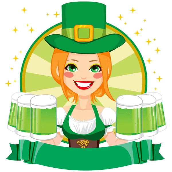 Pretty Saint Patrick Girl Waitress Smiling Holding Mugs Green Beer — Stock Vector