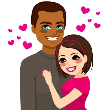 Portrait of young happy interracial couple love hugging clipart
