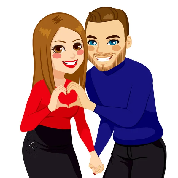 Feliz Pareja Jóvenes Amantes Haciendo Corazón Signo Amor Con Las — Vector de stock