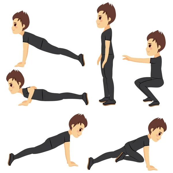 Jonge Man Doen Verschillende Workout Fitness Oefeningen — Stockvector