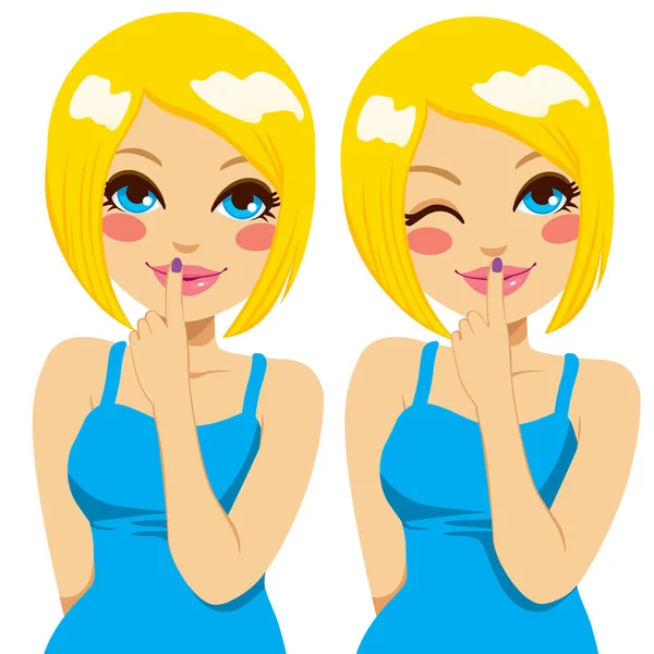 Sexig Blond Kvinna Med Finger Läpparna Gör Hemlig Uttryck Eller — Stock vektor