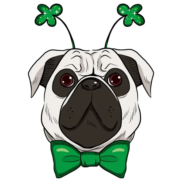 Cute Patrick Mops Pies Zieloną Muszkę Modne Zielone Akcesoria Musujące — Wektor stockowy