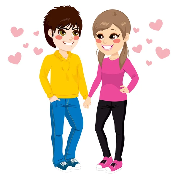 Jeune Couple Adolescent Mignon Tenant Main Amour — Image vectorielle