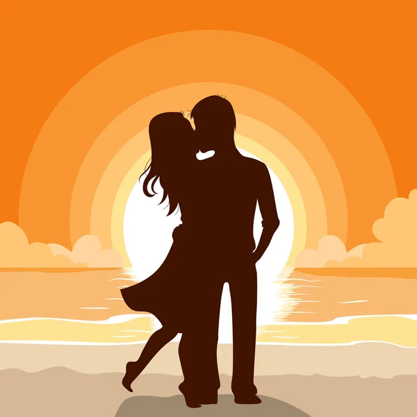Silhouette Couple Kissing Beach Background Sunset — Stock Vector
