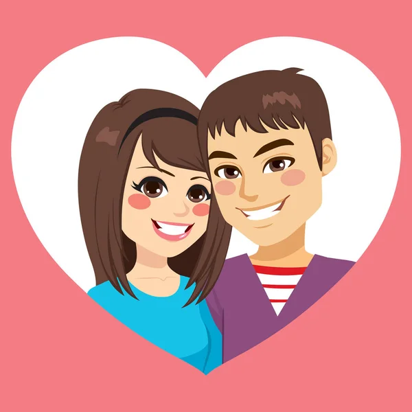 Jeune Couple Mignon Saint Valentin Sur Cadre Coeur — Image vectorielle