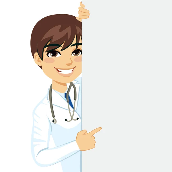 Feliz Sonriente Médico Masculino Profesional Asomándose Cartel Blanco — Archivo Imágenes Vectoriales