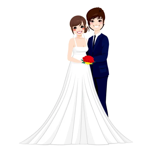 Hermosa Joven Asiática Pareja Abrazando Tiernamente Juntos Posando Boda Día — Vector de stock