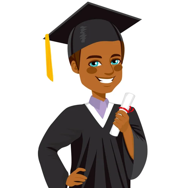 Africano Americano Menino Estudante Sorrindo Dia Formatura Segurando Diploma Mão — Vetor de Stock