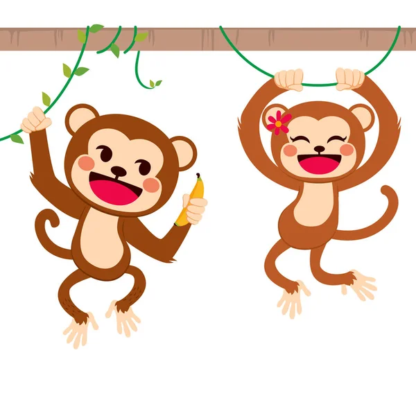 Due Simpatiche Scimmie Divertenti Liana Condivisione Banana Frutta Con Amore — Vettoriale Stock