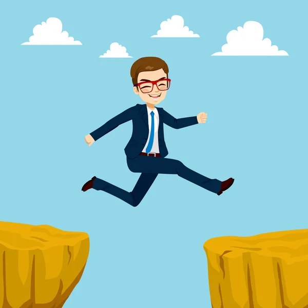 Illustration Happy Businessman Blue Suit Jumping Cliff Gap Concept — Stock Vector