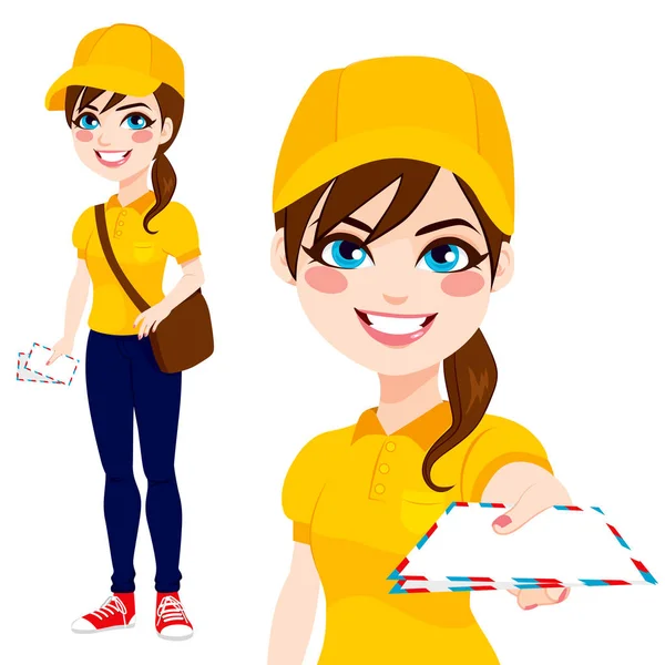 Belle Poste Femme Livraison Courrier Avec Sac Cuir Portant Uniforme — Image vectorielle