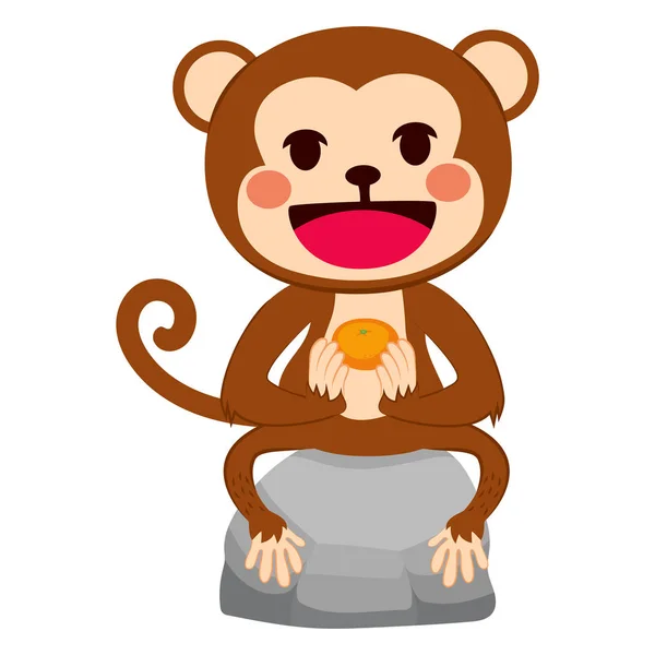 Illustration Eines Lustigen Affen Der Auf Einem Stein Sitzt Mit — Stockvektor